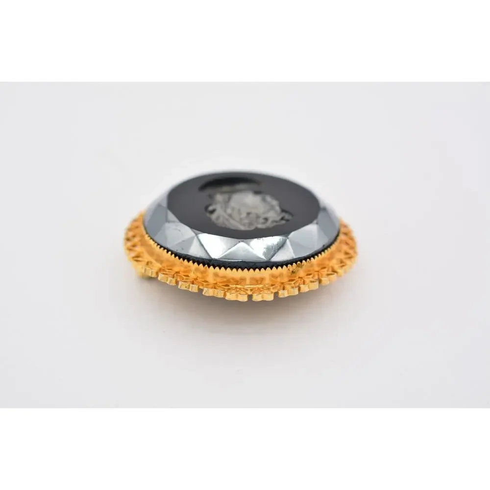 Vintage Cameo Pin Brooch Black Lucite Gunmetal Crystal Round Gold Tone 80s BinAT